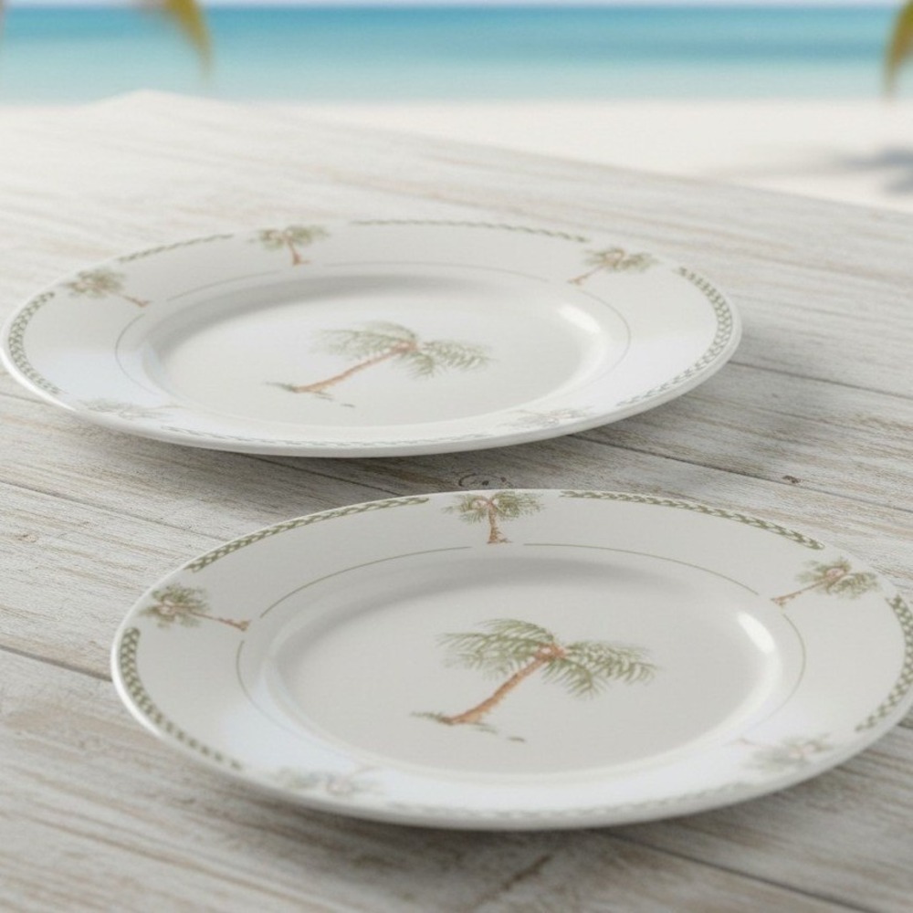 Gibson Bahama Bay Salad Plates, Set of 2, Vintage Palm Tree Ceramic Dinnerware